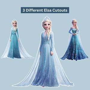 Pode incluir: Três recortes diferentes de Elsa do filme Frozen. Cada recorte apresenta Elsa em um longo vestido azul esvoaçante com uma capa e uma coroa prateada. O texto "3 Different Elsa Cutouts" está no topo.