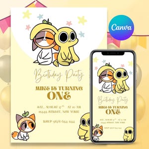 May include: A birthday party invitation with cartoon illustrations of two characters. The invitation features the text "Birthday Party," "Mike is turning ONE," and event details. A smartphone displays the same design.