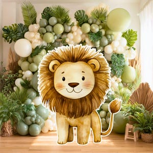 May include: A watercolor illustration of a friendly lion with a brown mane and tail, standing in front of a backdrop of green and white balloons and tropical foliage. The lion is tan with a smiling face.