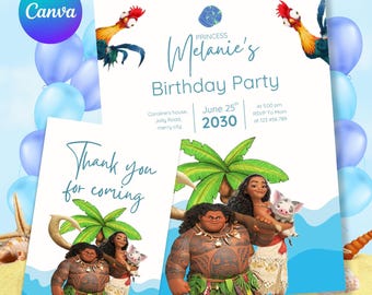 Moana birthday printable Invitation,Hawaiian Kids Party Template, Kids Theme Party Digital Birthday Invite, Canva Editable template