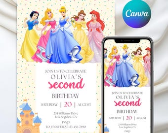 Princess Birthday Invitation Template, Girl Princess Birthday Invitation, Princess Theme Party, Princess Invite, Canva Editable template