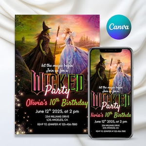 Puede incluir: Una invitación digital para una fiesta temática de "Wicked". El diseño presenta dos personajes de fantasía, la Malvada Bruja del Oeste y Glinda la Bruja Buena, con el texto "Wicked Party" y los detalles de la fiesta. La invitación se muestra en un teléfono y una impresión.