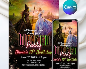 Wicked Birthday Party Invitation, Editable Wicked Party, Elphaba and Glinda Theme, WICKED inspired Movie invite, Canva Editable template