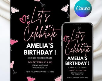 Black and Pink Birthday Invitation for Women, Adult Birthday Invite, Printable Black Birthday Party Invitation, Editable Canva Template