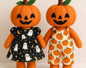 Pumpkin Doll Sewing Pattern: 12" Stuffed Halloween Doll, Dress & Overalls (PDF)