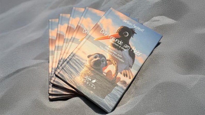 以下が含まれることがあります： 「Drei Freunde am Meer」というタイトルの子供向けの本が複数冊。表紙には鳥とラッコが描かれています。本は砂の表面に置かれています。