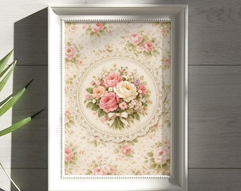 Puede incluir: Impresión floral enmarcada con un ramo de rosas rosas, blancas y amarillas atadas con un lazo. El ramo está centrado en un tapete de encaje sobre un fondo de pequeñas rosas rosas sobre un patrón de puntos crema. El marco es blanco.