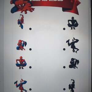 May include: A white worksheet with Spider-Man illustrations and matching silhouettes. A red banner at the top reads "Relie les ombres". The worksheet shows various Spider-Man poses and their corresponding black silhouettes.