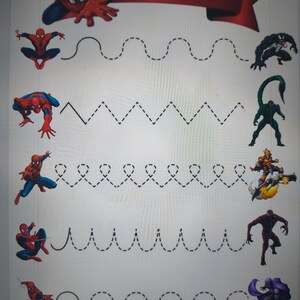 May include: A white worksheet with the text "Trace les lignes" in red, featuring illustrations of Spider-Man and other characters. The worksheet includes dotted lines for tracing practice, with various shapes and patterns.