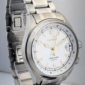 Vintage Seiko automatisk klocka med vit urtavla, rostfritt stålarmband, japanskt urverk bild 3