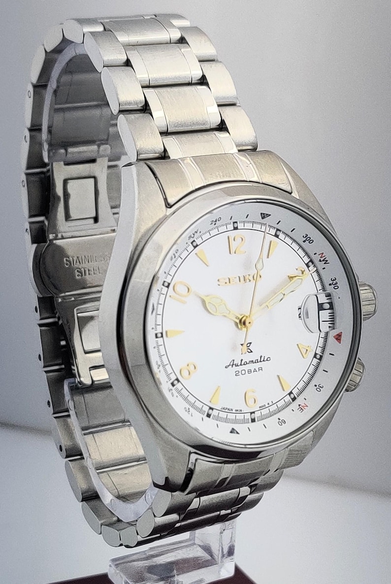 Vintage Seiko automatisk klocka med vit urtavla, rostfritt stålarmband, japanskt urverk bild 3