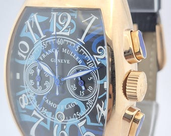 Vintage Franck Muller Camouflage Chronograph Style Watch Blue Dial Gold Tone Case Luxury Tonneau Watch Design