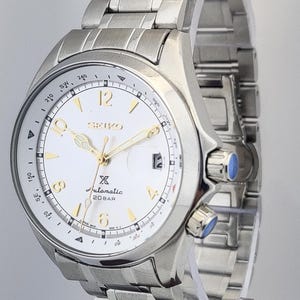 Vintage Seiko automatisk klocka med vit urtavla, rostfritt stålarmband, japanskt urverk bild 2