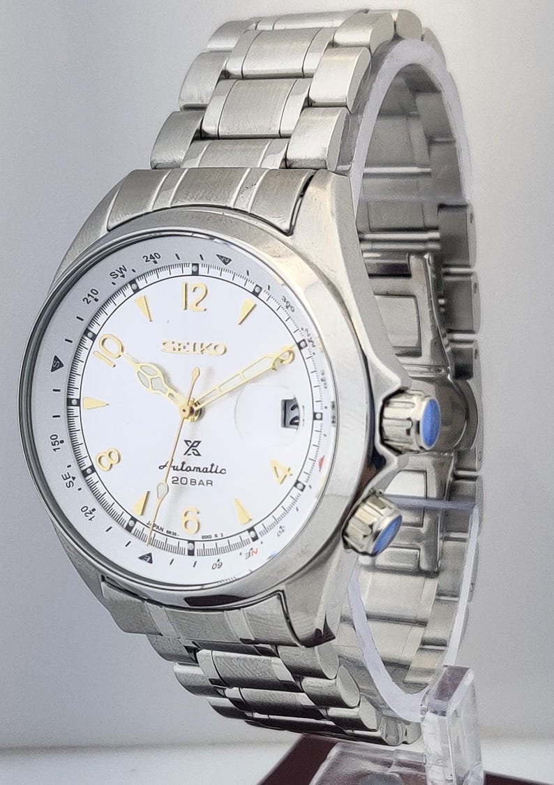 Vintage Seiko automatisk klocka med vit urtavla, rostfritt stålarmband, japanskt urverk bild 2