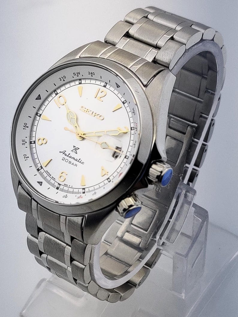 Vintage Seiko automatisk klocka med vit urtavla, rostfritt stålarmband, japanskt urverk bild 4