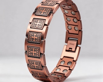 May include: A copper-toned link bracelet featuring rectangular segments with embossed cross motifs. The interior of the bracelet displays a series of circular magnetic inserts embedded within each individual metal link.