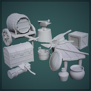 May include: A collection of gray, miniature medieval-themed objects, including a barrel on wheels, anvil, chest, bucket, shield, bellows, table, crate, and a rolled-up blanket with an axe. The objects are arranged on a teal background.