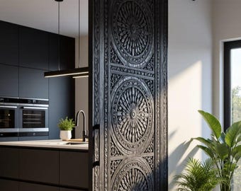 Hand-Carved Wooden Sliding Door with Double Sunburst Medallions – Matte Black Finish