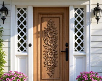 May include: A wooden front door with intricate floral carvings. The door is flanked by white lattice windows and black sconces. Potted plants with pink and white flowers sit on either side of the entrance, creating a welcoming aesthetic.