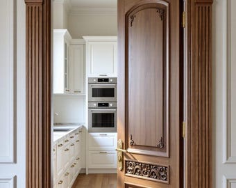 Luxury Hand-Carved Wooden Door with Floral Medallion & Raised Panels – Walnut Finish