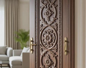 May include: A dark brown wooden door featuring an intricate vertical panel with carved floral and scroll motifs. The door is equipped with a polished brass handle and a matching vertical pull plate, showcasing detailed craftsmanship and wood grain.