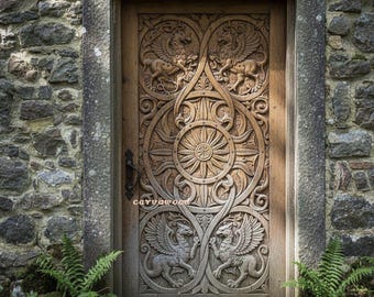 May include: A detailed wooden door featuring carved mythical beasts and circular designs. The door is framed by stone walls, with ferns at the base. The text "carvawood" is visible on the door.