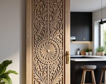 Puerta divisoria de madera maciza tallada a mano con medallones florales y diseño Jaali – Puerta corredera de lujo