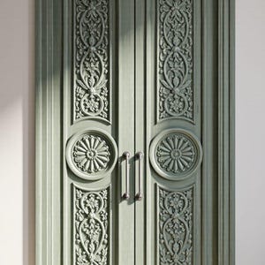 Portas duplas de madeira esculpidas à mão com painéis florais em estilo videira – Acabamento verde sálvia