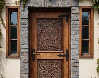 Rustic Solid Wood Exterior Door with Mandala & Floral Medallions – Natural Finish