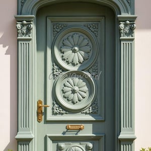 May include: A sage green wooden door with intricate carvings and a decorative frame. The door features floral designs, a brass handle, and a mail slot. The door is flanked by fluted columns. The door is set in a light-coloured wall.
