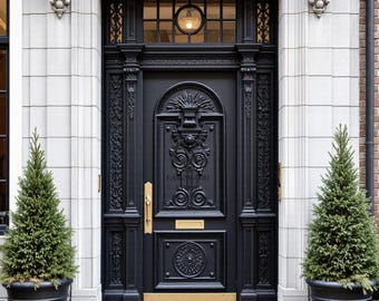 May include: A matte black wooden door with intricate carved detailing, a gold vertical handle, a gold mail slot, and a gold kick plate. The door is framed by light gray stone masonry and topped with a transom window featuring a central circular light.