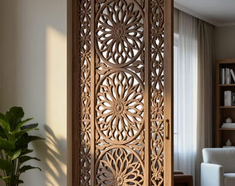 Handmade Solid Wood Carved Partition Door with Floral Medallions & Jaali Work – Luxury Sliding Door
