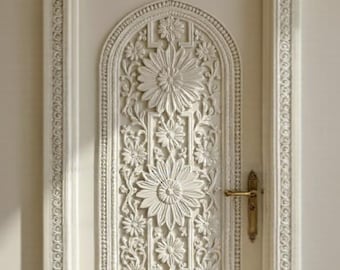 Handmade Solid Wood Carved Partition Door with Floral Medallions & Jaali Work
