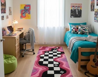Handgetufteter wellenförmiger karierter Läufer Teppich - Groovy Pink und Schwarzer Schachbrett Teppich -