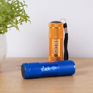 Puede incluir: Dos peque&ntilde;as linternas, una naranja y otra azul, se muestran sobre una superficie de madera. La linterna naranja tiene el nombre "RALEIGH" impreso. La linterna azul tiene el nombre "Zach" y un peque&ntilde;o gr&aacute;fico de avi&oacute;n.