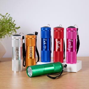 Puede incluir: Un conjunto de linternas personalizadas en varios colores, incluyendo plata, dorado, azul, rojo y rosa. Cada linterna tiene un nombre grabado, como "Zach" y "Julie". Una linterna verde est&aacute; tumbada horizontalmente delante de las dem&aacute;s.