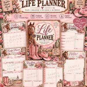May include: A digital Pink Western Life Planner set featuring printable pages with a desert theme, including a horse, cowboy boots, and hats. The pages include a monthly calendar, budget, reading list, meal planner, and notes, sized at 8.5 x 11 inches.