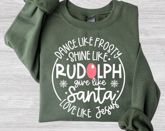 T-shirt Rudolph Père Noël Jésus, T-shirt rond avec citation de Noël, Sweat-shirt de Noël, Cadeau pour elle ou lui