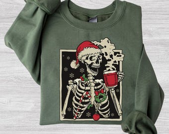 T-shirt squelette de Noël, Sweat-shirt de Noël gothique, T-shirt autocollant, T-shirt mignon avec bonnet de Père Noël et crâne