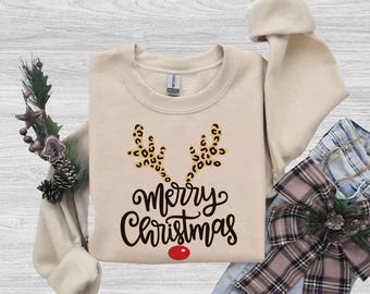 T-shirt léopard et rennes, Sweat-shirt de Noël léopard à bois de renne, Cadeau de Noël pour les fêtes