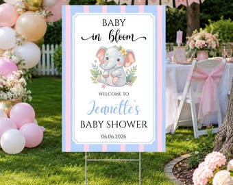 Panneau de bienvenue éléphant Baby in Bloom - Décoration de jardin personnalisée pour baby shower garçon, fille ou autre.