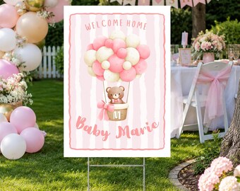 Panneau de bienvenue personnalisé pour bébé fille avec ours en montgolfière, décoration de jardin rose pour baby shower