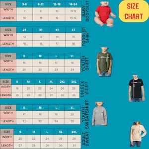 Puede incluir: Una tabla de tallas para bodies de beb&eacute;, camisetas para ni&ntilde;os peque&ntilde;os, camisetas para j&oacute;venes, camisetas unisex, sudaderas para j&oacute;venes y sudaderas para adultos. La tabla muestra la talla, el ancho en cm y el largo en cm para cada tipo de prenda. Un letrero amarillo dice "TABLA DE TALLAS".
