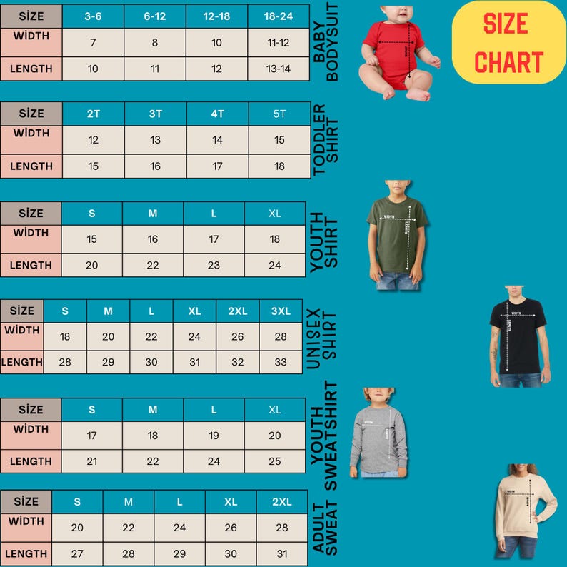 Puede incluir: Una tabla de tallas para bodies de beb&eacute;, camisetas para ni&ntilde;os peque&ntilde;os, camisetas para j&oacute;venes, camisetas unisex, sudaderas para j&oacute;venes y sudaderas para adultos. La tabla muestra la talla, el ancho en cm y el largo en cm para cada tipo de prenda. Un letrero amarillo dice "TABLA DE TALLAS".