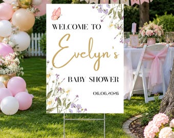 Panneau de bienvenue personnalisé pour baby shower fille, motif papillons et fleurs, décoration extérieure personnalisable avec support