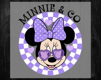 Cute Minnie Mouse DTF Transfer – Purple Polka Dot Bow, Heart Sunglasses, Checkered Border Design