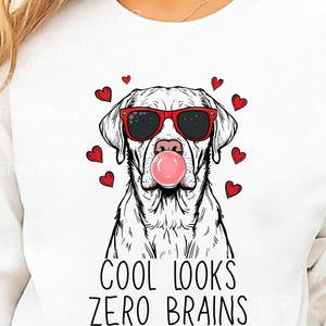 May include: White sweatshirt featuring a black and white illustration of a dog wearing red sunglasses and blowing a pink bubble. Red hearts surround the dog. The text "COOL LOOKS ZERO BRAINS" is below the dog.