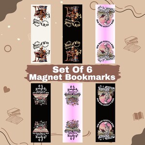 May include: Set of six magnet bookmarks with various designs. Some feature a skeleton reading, others have floral arrangements, and all include text. The bookmarks are in black, white, and pink.