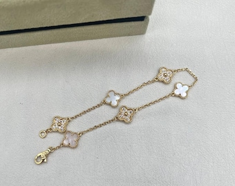 9 mm Mother of pearl 6 clover Bracelet 925 Sterling Silver 18k Gold plated