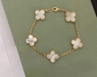 Perlmutt 5 Klee Armband 925 Sterling Silber 18k vergoldet